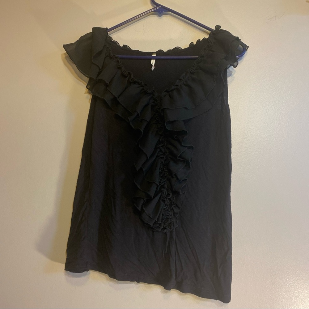Olivia Moon Black V Neck Blouse Ruffle Accent Size L